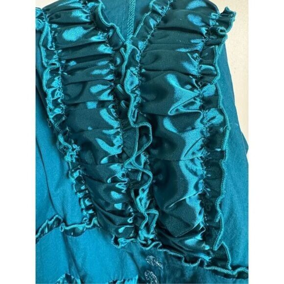VTG Divine Modes Womens Blue Satin Ruffle Cotton Puffy Fit Flare Midi Dress sz L - Picture 7 of 7